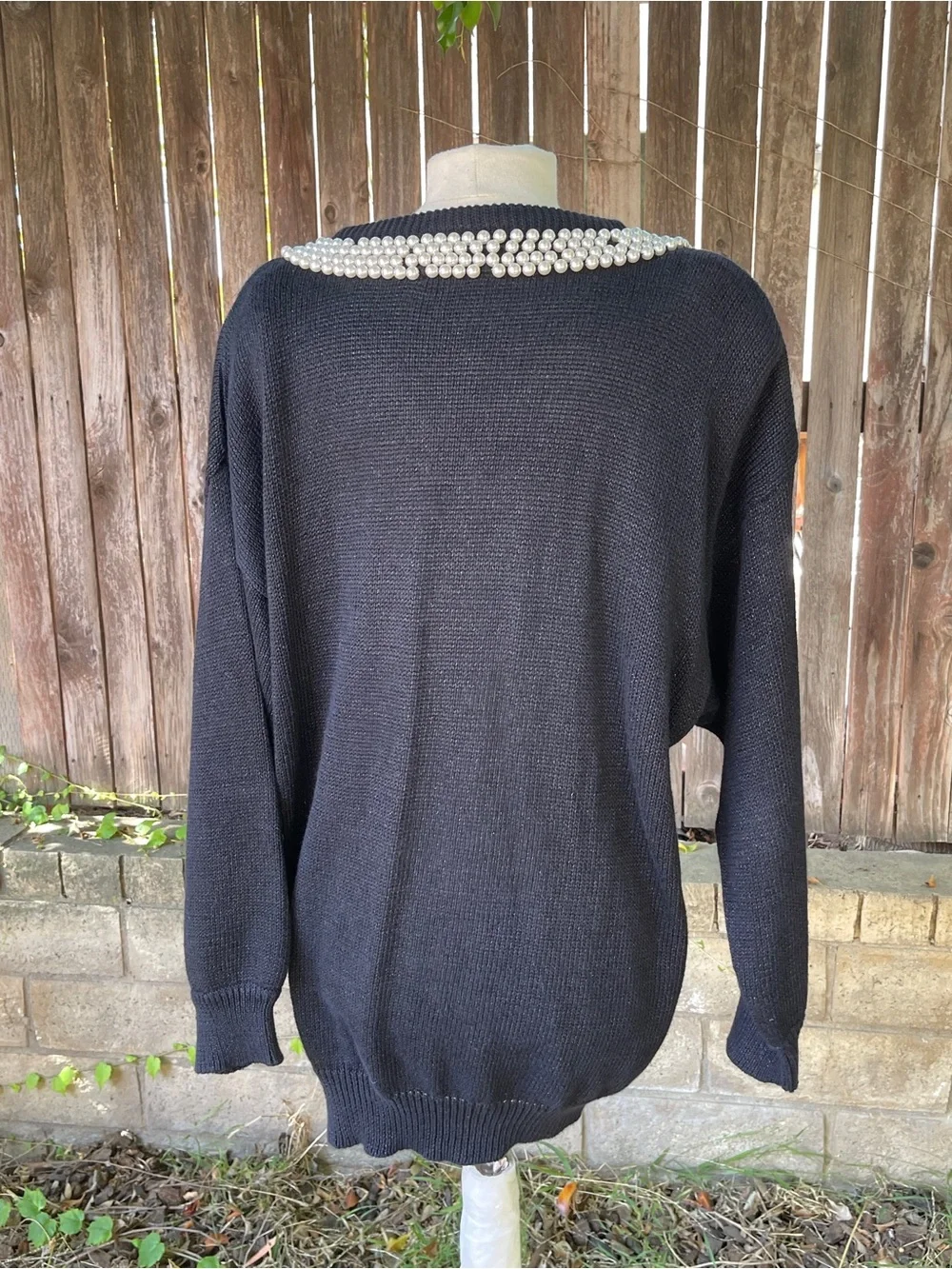 Bonnie Boerer Vintage 1980s Lurex Blue knit sweater trompe-l’œil necklace design